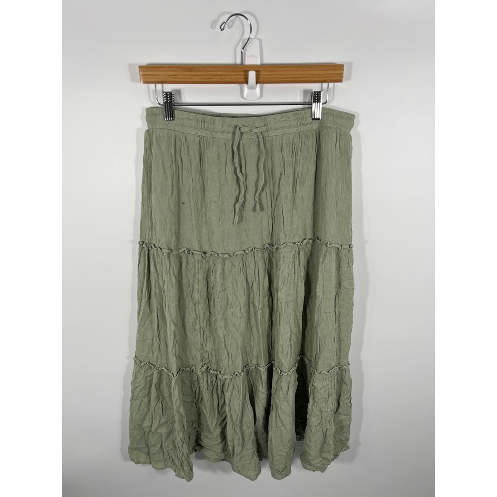 Womens Tiered Maxi Skirt L Green Ruffle Boho Cottage Forest Fairy Beach Stretch
